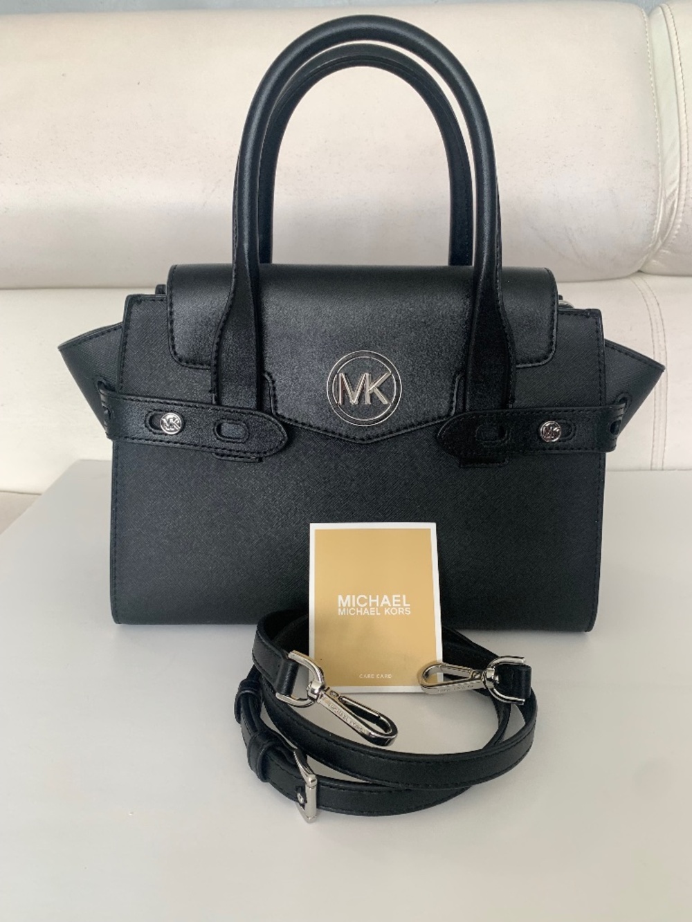 Micheal Kors Carmen Medium Black Flap Satchel Handbag Like New